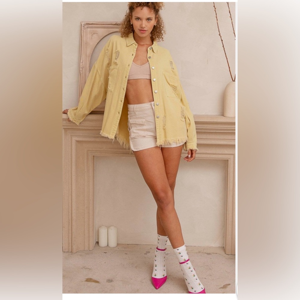 POL Grunge Goth Relaxed Biker Jacket Edgy Raw Hem Summer Boho Yellow Size Med
